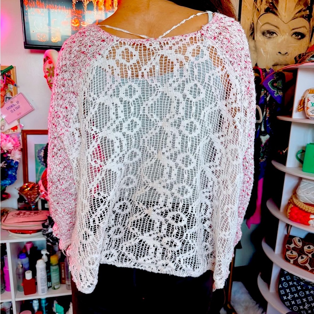 Women's Pink and White Lace Free People Sweater